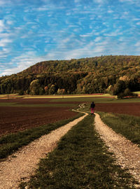 Rear view of person walking on road amidst field against sky