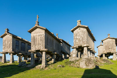 Low angle view of building against clear blue sky