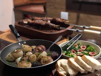 High angle view of food served on table