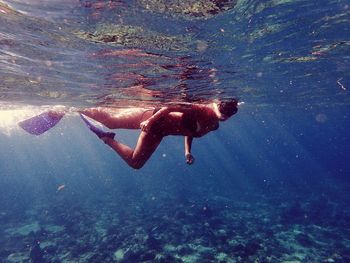 Rear view of woman swimming in sea