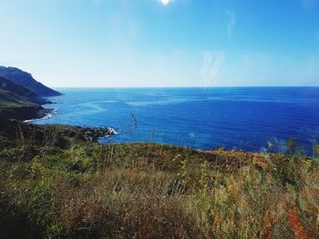 Scenic view of sea against blue sky