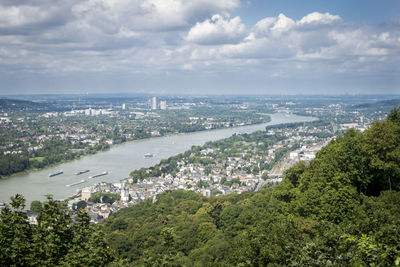 Aerial view across the river rhine towards bonn, germany