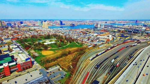 High angle view of cityscape against sky