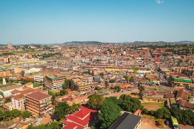 High angle view of townscape against clear sky