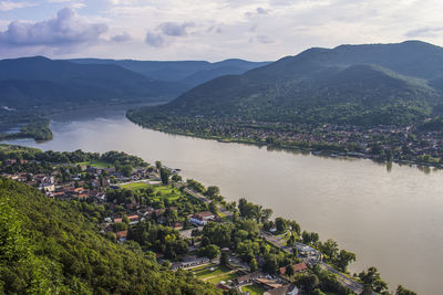 Drina river and mountains against sky seen from visegrad castle