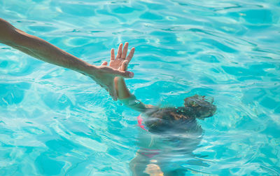 High angle view of woman swimming in pool