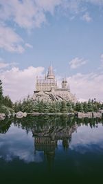 Reflection of temple on building against sky