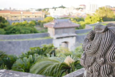 Close-up of statue against historic building