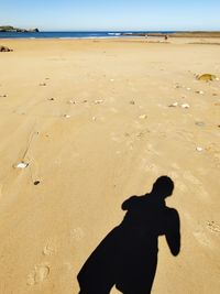 High angle view of shadow on shore at beach against sky