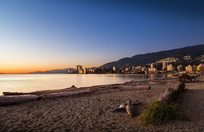 Scenic view of sea against clear sky during sunset