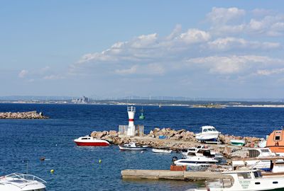 Sailboats moored in harbor against buildings in city