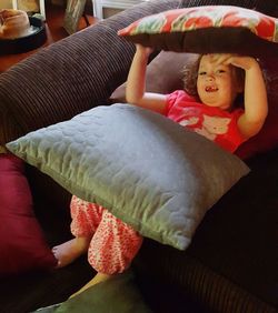 High angle view of red shoes