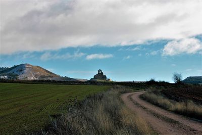 Dirt road amidst field against sky