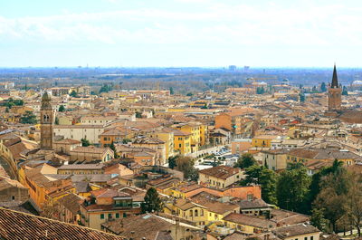 High angle shot of townscape against sky