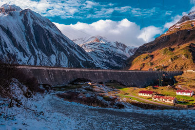 Lights and colors at dam in mountain autumn season in mountain italian alps landscape val formazza