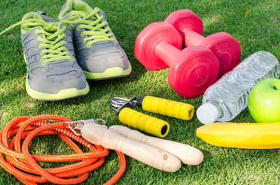 High angle view of exercise equipment on grass