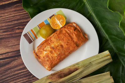 High angle view of meal served on table