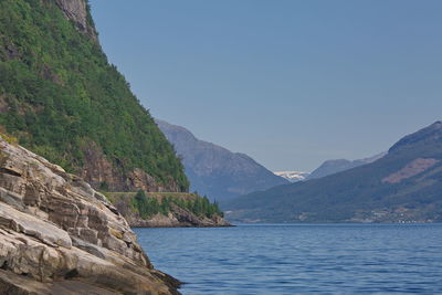 Scenic view of sea and mountains against clear blue sky