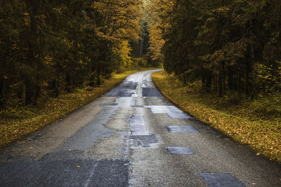 Seemingly endless curved country road with trees in autumn