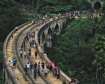 High angle view of people on road against trees