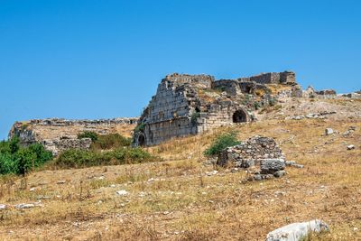 Old ruin building against clear blue sky