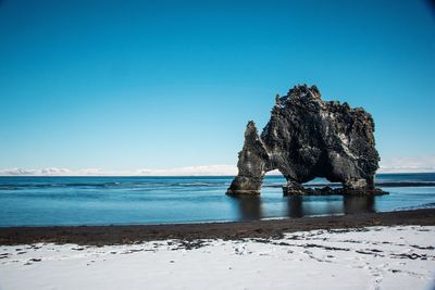 Rock formation in sea against clear blue sky