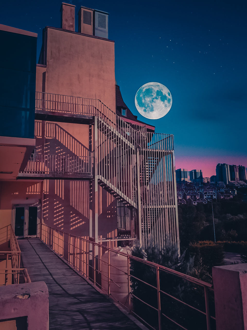 architecture, night, sky, built structure, moon, space, building exterior, astronomy, city, screenshot, no people, building, nature, railing, darkness, landmark, staircase, dusk, outdoors, evening, communication, skyscraper, full moon