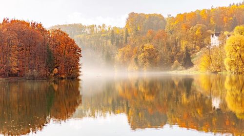 Scenic view of lake by trees against sky during autumn