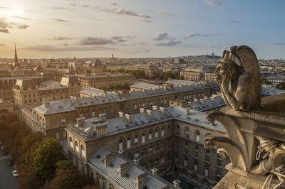 Gargoyle sculpture on notre dame de paris in city during sunset