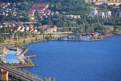 High angle view of river amidst buildings in city