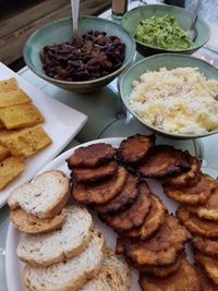 High angle view of food served on table