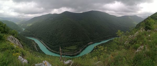 High angle view of mountains against sky