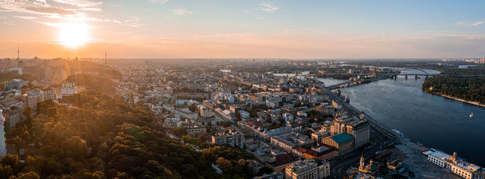 Beautiful sunset over kyiv city from above.