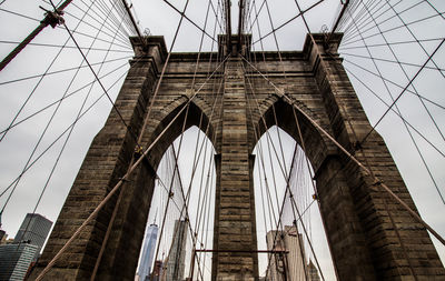 Low angle view of suspension bridge against sky