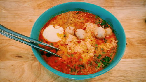 High angle view of food in bowl on table
