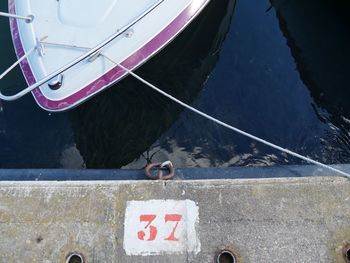 High angle view of boat moored in water