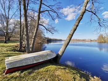 Bare trees by lake against sky