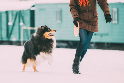 Low section of person with dog standing outdoors