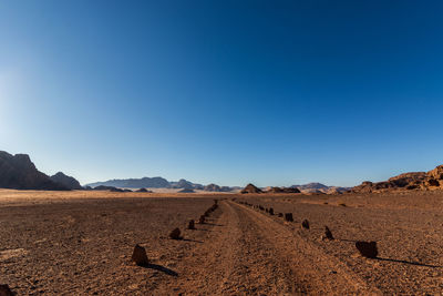 Scenic view of desert against clear blue sky