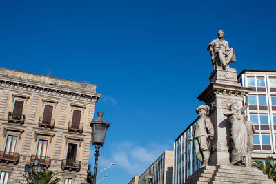 Low angle view of statue against blue sky