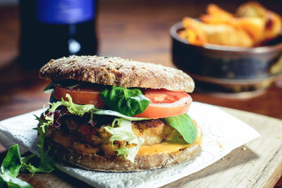 Close-up of burger on table