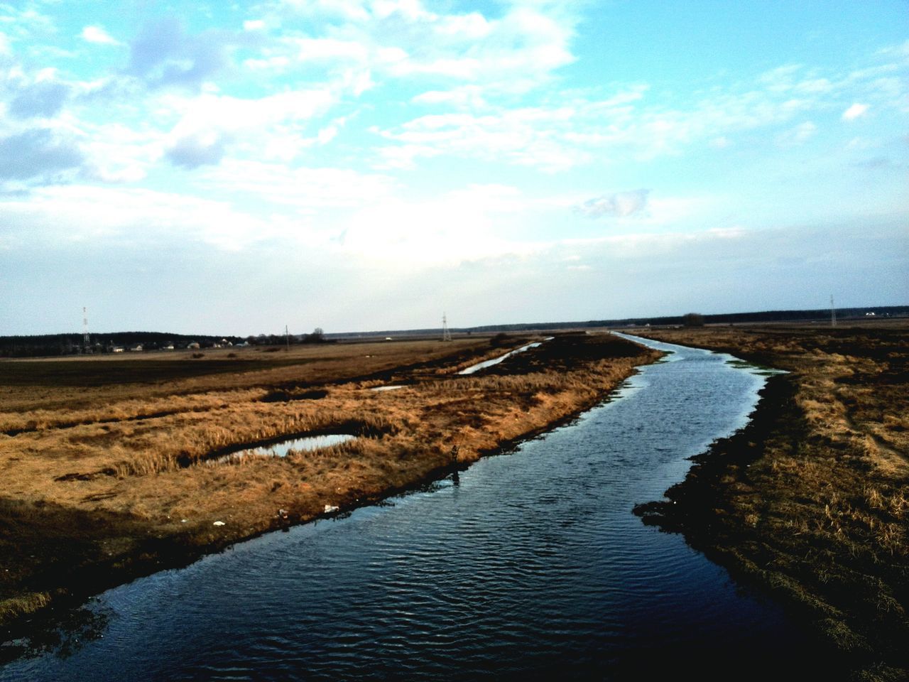 water, tranquil scene, sky, tranquility, scenics, beauty in nature, nature, landscape, cloud, cloud - sky, grass, river, sea, blue, waterfront, field, non-urban scene, horizon over land, day, idyllic