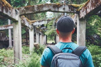 Rear view of man in forest