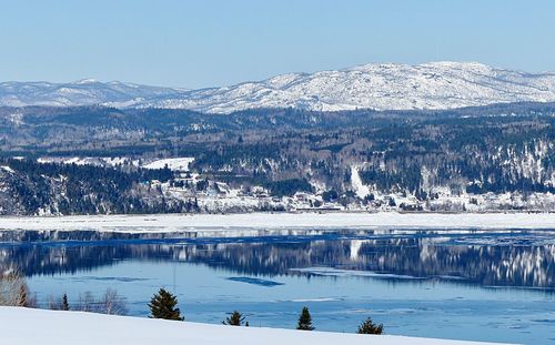 Scenic view of lake by snowcapped mountains against sky