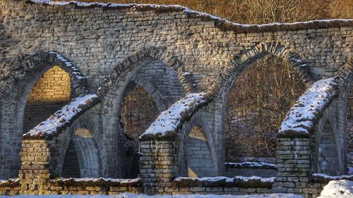 Close-up of snow on brick wall