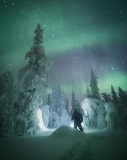 Rear view of man standing on snow against aurora borealis