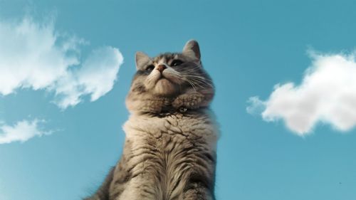 Low angle view of cat against blue sky