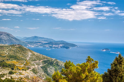 Scenic view of sea and mountains against sky