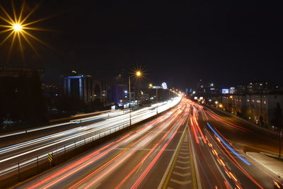 Light trails on road at night