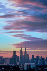 Buildings in city at sunset